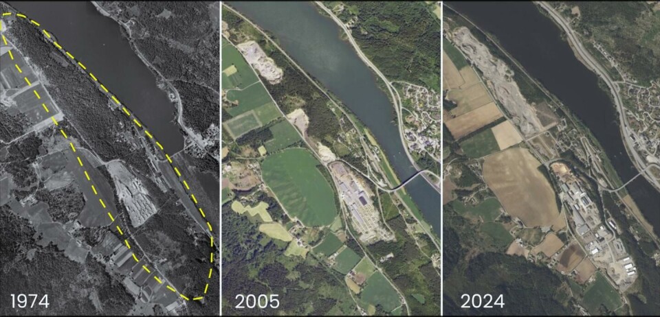 Basert på historiske flyfoto startet «utviklingen» av området en gang mellom 1959 og 1974, og siden har mer og mer land blitt planert ut eller gravd bort. Mange av flomdynene vi har kartlagt befinner seg innenfor den gule stiplete linjen.