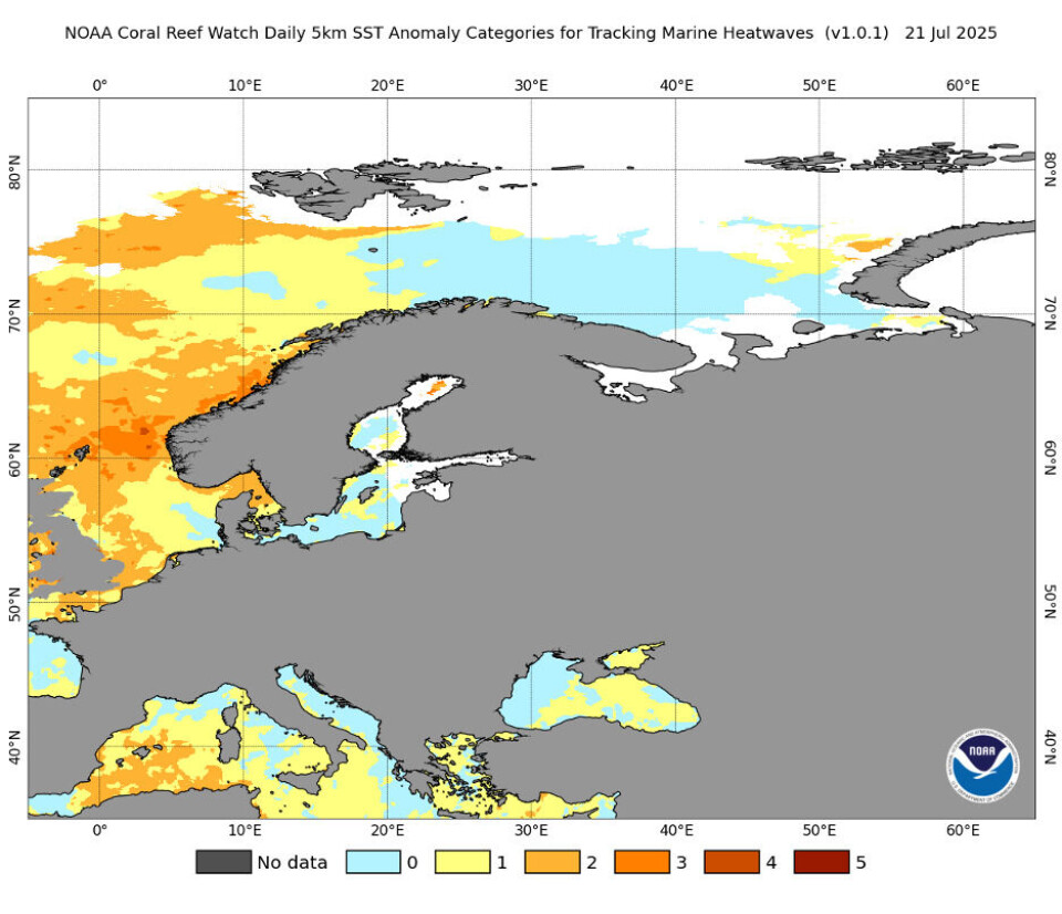 Marin hetebølge i norske havområder. Områder som er farget i gult, oransje, eller rødt er områder hvor temperaturen i overflaten er over 90-persentilen den 21. juli 2025 (altså ekstrem i forhold til det som er normalt for denne årstiden). Fargestyrke forteller om intensiteten til den marine hetebølgen