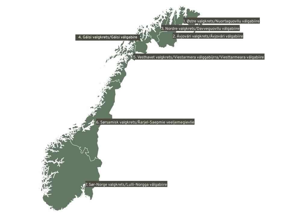 De sju valgkretsene i Sametingsvalget.