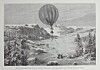 Ballong flyr over snødekt dal omgitt av fjell og skog