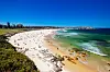 Vid sandstrand i Sydney med folk, bølger og bybebyggelse i horisonten.