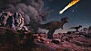 Dinosaur på steinete grunn ser mot en brennende asteroide på nattehimmelen.