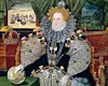 Historisk portrett av Elizabeth I med hvit sminke, perler og kongelige symboler.