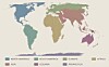 Verdenskart i Equal Earth-projeksjon med verdensdelene fargelagt og navngitt i en tegnforklaring.
